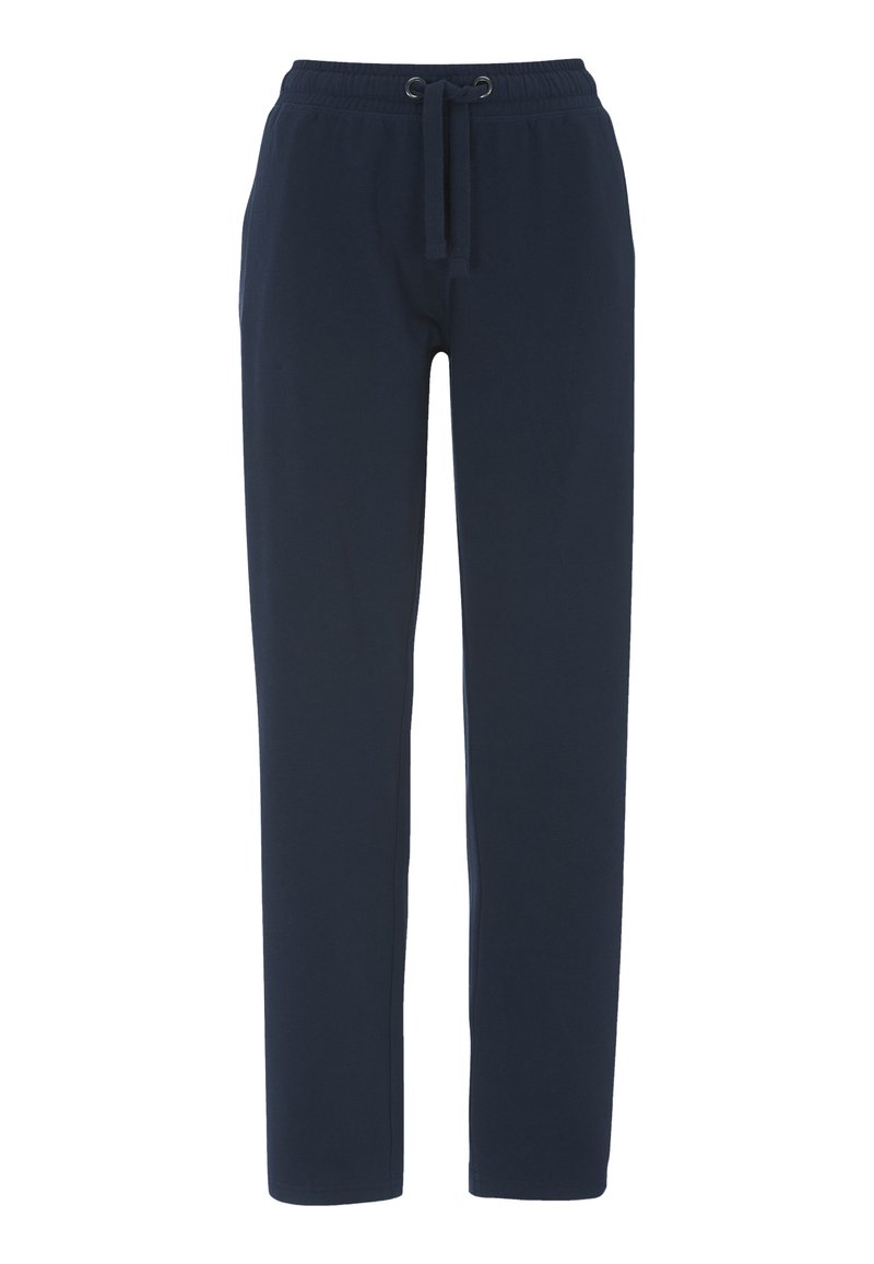 Dunkelblaue Jogginghose mit elastischem Bund, Kordelzug und geraden Beinen. Weicher Stoff, keine Muster und minimale Details.