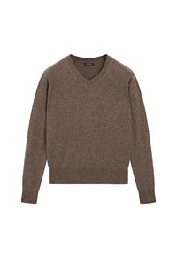 Brauner V-Ausschnitt-Pullover aus weichem Strickmaterial, mit langen Ärmeln und einem taillierten Saum. Einfaches Design mit glatter Textur.