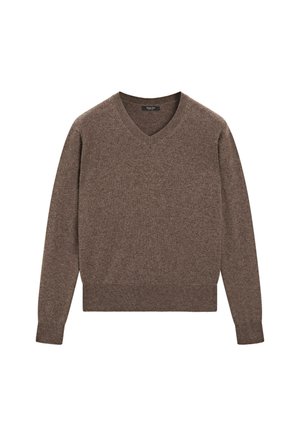 Brun v-ringad tröja i mjukt stickat material, med långa ärmar och en figurnära nederkant. Enkelt mönster med en slät yta.