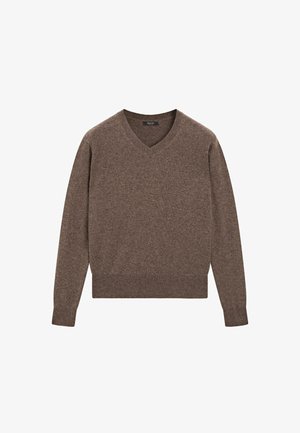 Maglione marrone a scollo a V realizzato in morbido materiale lavorato a maglia, con maniche lunghe e orlo aderente. Design semplice con una texture liscia.
