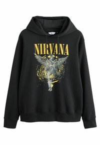 Melna kapuce ar dzeltenu un pelēku Nirvana grafiku, kurā attēlotas eņģeļa spārni un izsmidzināšanas dizains. Izgatavota no mīksta auduma ar priekšējo kabatu.