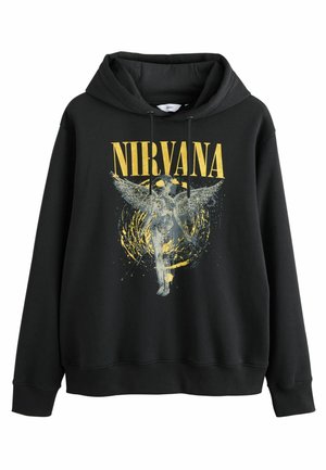 Musta huppari, jossa on keltainen ja harmaa Nirvana-graafinen kuvio, jossa on enkeli siivet ja roisketulostus. Valmistettu pehmeästä kankaasta ja siinä on etutasku.