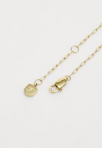 Collier en chaîne dorée avec un pendentif hexagonal portant un "F" gravé. Comprend une fermeture à fermoir en forme de homard et des détails en maillons ronds.
