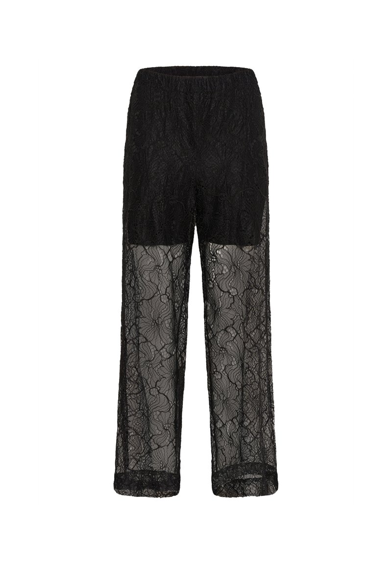 Schwarze Spitzenhose mit lockerer Passform, die aufwendige Blumenmuster, einen elastischen Bund und durchsichtige Bereiche an den unteren Beinen aufweist.