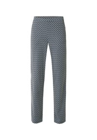 Geprinte broeken met een geometrisch ontwerp in blauw en wit, getailleerde pasvorm, rechte pijpen, met een gladde stoftextuur.