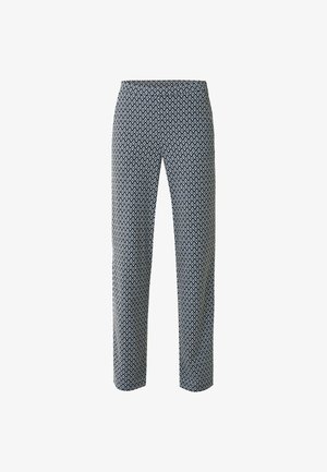 Pantaloni con motivo geometrico in blu e bianco, vestibilità slim, gamba dritta, con una texture di tessuto liscia.