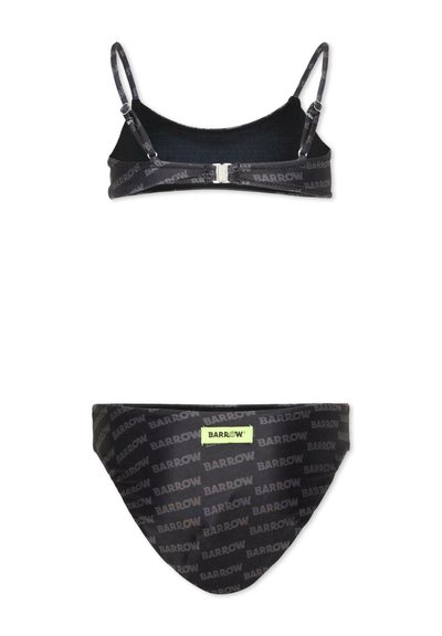 Ensemble bikini noir avec bretelles réglables et motif répétitif du logo "Barrow", comprenant une étiquette Barrow vert néon sur la pièce inférieure.