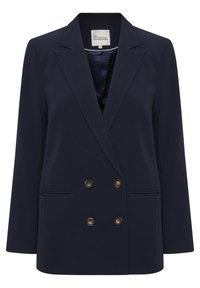 Mörkblå dubbelknäppt kavaj i slät tyg. Har guldfärgade knappar, skräddarsydda slag och två framfickor.