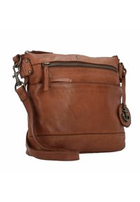 Borsa a tracolla in pelle marrone con finitura textured, dotata di tasca frontale con zip, accessori in metallo e ciondolo a forma di ancora.