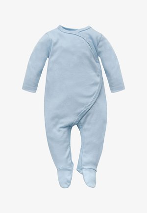 Body pour bébé à manches longues bleu clair avec jambes couvertes et fermeture asymétrique à boutons-pression de l'épaule à la cheville.