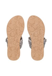 Gråt flip-flops med et mønstrete stoffoverdel, teksturert stropp og en beige gummisåle med blomstermønster og 'ROXY' merkevare.