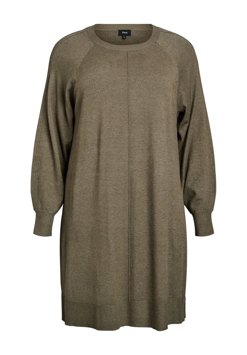 Olivgrön oversized klänning i sweatshirtstil med rund hals, raglanärmar, ribbade muddar och nederkant, med en mjuk texturerad stickad väv.