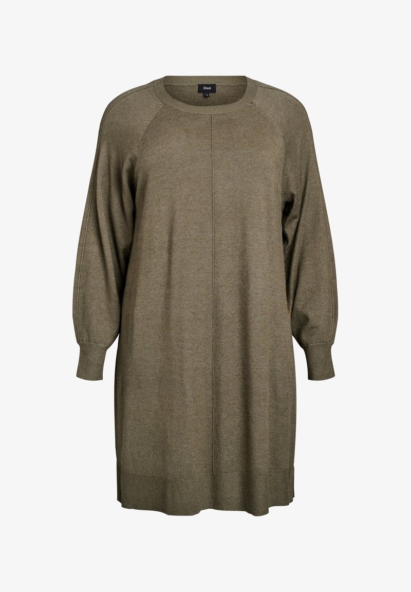 Oliņas zaļā pārāk liela džemperkleita ar apaļu kaklu, raglanu piedurknēm, ribinātiem aproču un apakšmalu, kas izgatavota no mīksta teksturēta adījuma.