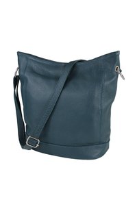 Teal leren emmertas met een getextureerd oppervlak, zilverkleurige hardware, verstelbare riem en open bovenkant ontwerp.