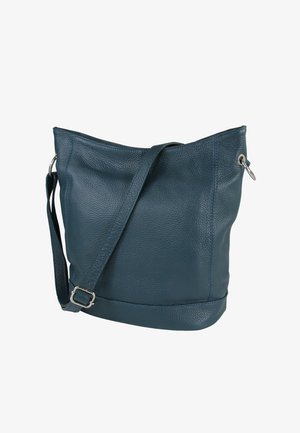 Teal leather bucket bag with a textured surface, silver hardware, adjustable strap, and open top design.