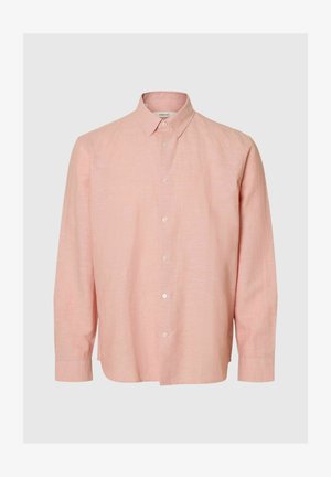 Heleroosa helepikkade varrukatega nööbitav särk, millel on klassikaline krae ja valged nupud, esitletud lihtsal neutraalsel taustal.