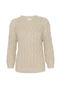 Pull beige en maille avec un motif texturé torsadé. Col rond, manches longues et ourlet côtelé. Matière légère et respirante.