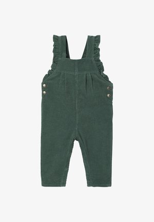 Grüne Corduroy-Latzhose mit Rüschenträgern, Vorderfalten und Druckknopfdetails an den Seiten. Glatte Textur.