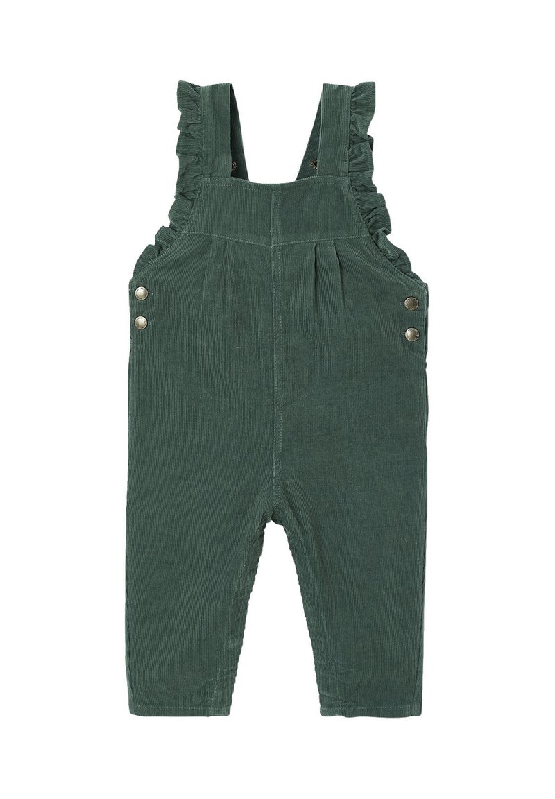 Green corduroy overalls featuring ruffled shoulder straps, front pleats, and snap button accents on the sides. Smooth texture.