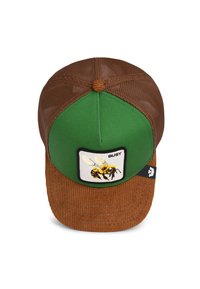 Casquette verte et marron avec un dos en mesh, présentant une visière en velours côtelé et un patch représentant une abeille avec le mot "BUSY" en texte noir.