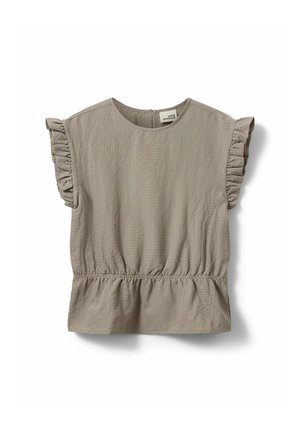 Blusa taupe con maniche corte testurizzate, maniche arricciate e vita elasticizzata, scollo rotondo e chiusura con cerniera posteriore.