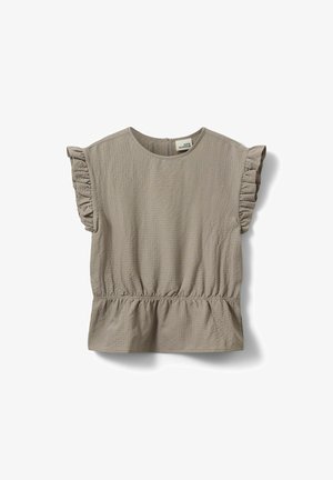 Blusa corta de manga corta en color topo con textura, mangas con volantes y cintura elástica, escote redondo y cierre de cremallera en la espalda.