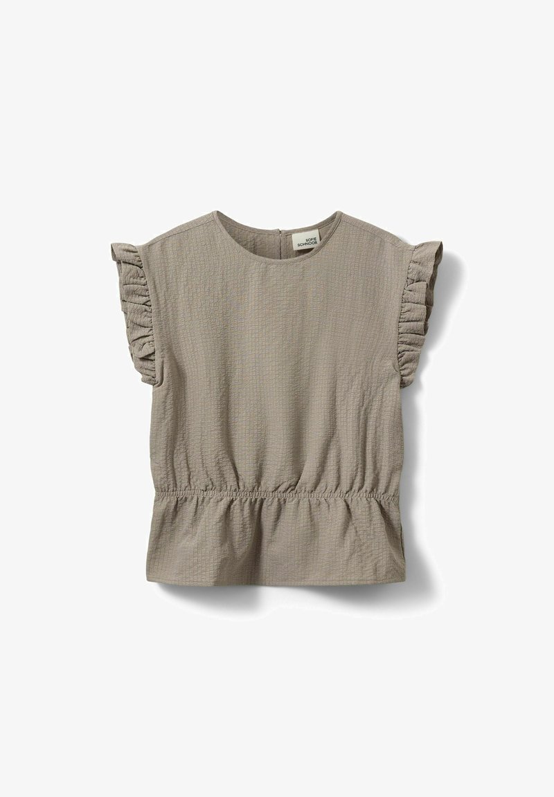 Blouse taupe texturée à manches courtes avec manches volantées et taille élastiquée, encolure ronde et fermeture éclair au dos.