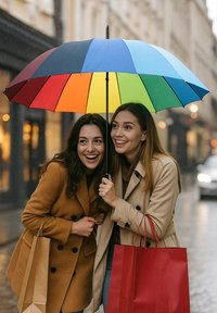 Zwei Frauen teilen sich einen großen, mehrfarbigen Regenschirm mit roten, orangefarbenen, gelben, grünen, blauen und dunkelblauen Abschnitten, während sie Einkaufstaschen halten.