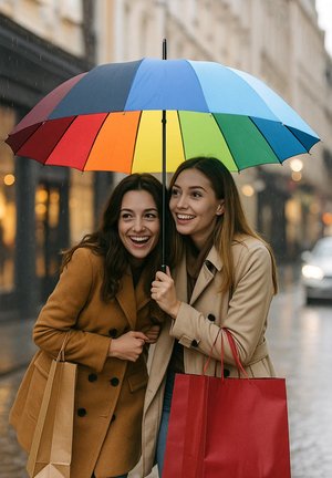 Two women share a large, multi-colored umbrella featuring red, orange, yellow, green, blue, and dark blue sections, while holding shopping bags.