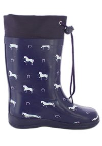 Botte de pluie en caoutchouc marine avec un motif répétitif de chevaux blancs et de fers à cheval, dotée d'un haut pliable et d'un cordon de serrage pour un ajustement réglable.