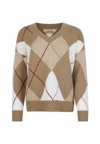 Beiger Argyle-Pullover mit V-Ausschnitt, mit Rautenmuster in Creme, Braun und Rot. Strickstruktur mit gerippten Bündchen und Saum.