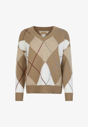 Beige argyle sweater med V-hals, der har diamantmønstre i creme, brun og rød. Strikket tekstur med ribbede ærmekanter og kant forneden.