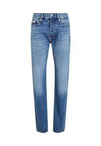 Jeans in denim blu chiaro con taglio dritto, dotati di un design a cinque tasche, texture sbiadita e accessori in metallo in vita.
