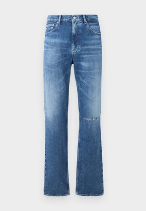 Blue denim flared jeans with a faded wash and distressed knee detailing. Features a button and zipper closure, classic five-pocket design.