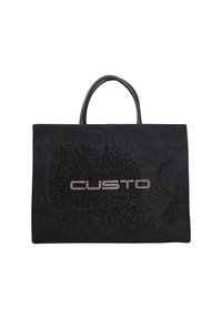 Sac fourre-tout en daim noir avec un motif dégradé de petits strass, portant "CUSTO" en lettres métalliques au centre.