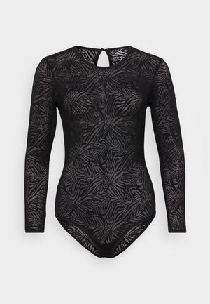 Schwarzer Langarm-Body aus strukturiertem Stoff mit feinem Zebra-Muster. Verfügt über einen Schlüsselaugen-Rückenausschnitt und eine enganliegende Passform.
