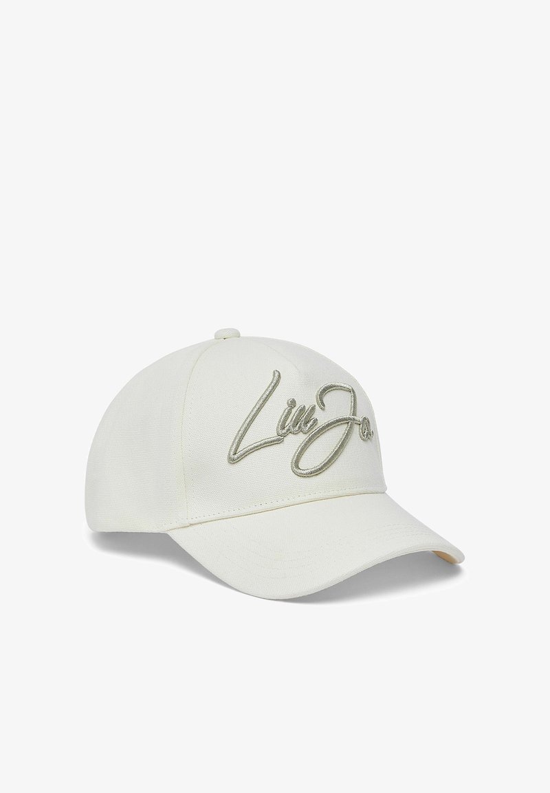 Ecrü színű baseball sapka ívelt karimával, az elején kiemelkedő, hímzett írott "Liu Jo" logóval.