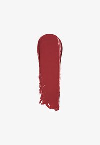 Lip color swatch in a deep red shade with a glossy finish and smooth texture, featuring an elongated shape and a subtle sheen.