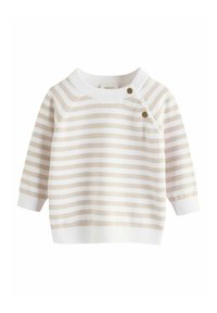 Sweter w paski w kolorze kremowym i jasnobeżowym, z okrągłym dekoltem, ściągaczami przy mankietach oraz dwoma ozdobnymi guzikami na ramieniu.