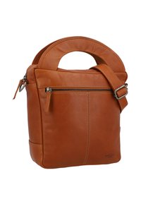 Brązowa skórzana torba o ustabilizowanym kształcie, z górnym uchwytem i regulowanym paskiem na ramię. Posiada przednią kieszeń na zamek błyskawiczny oraz detale przeszycia.