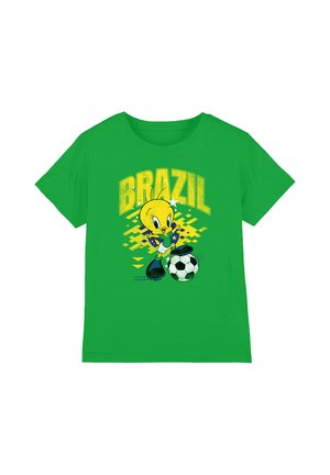 Green t-shirt with yellow "BRAZIL" text and cartoon character kicking a black and white soccer ball.