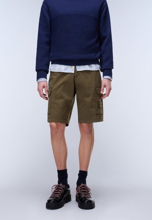 Mand iført navyblå sweater, stribet skjorte, olivengrønne cargoshorts, sorte sokker og sorte chunky sko med lyserøde snørebånd, stående mod en ensfarvet baggrund.