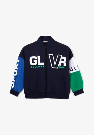 Navy zip-up jacket with blue and green color-blocked sleeves, front pockets, and white and green "Gulliver Sport" branding on chest and arms.