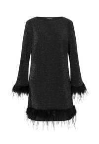 Zwarte glitter jurk met lange mouwen en verenmanchetten. De textuur is glad met een sprankelende afwerking, wat zorgt voor een onderscheidende uitstraling.
