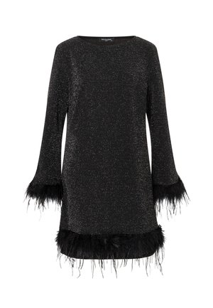 Schwarzes Glitzerkleid mit langen Ärmeln und gefiederten Manschetten. Die Textur ist glatt mit einem funkelnden Finish, was einen unverwechselbaren Look erzeugt.