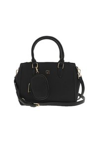 Sac à main noir structuré avec un matériau texturé, accents en métal doré, deux poignées, une bandoulière amovible et une petite pochette attachée.