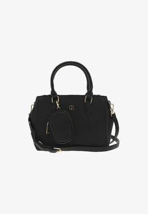 Sac à main noir structuré avec un matériau texturé, accents en métal doré, deux poignées, une bandoulière amovible et une petite pochette attachée.