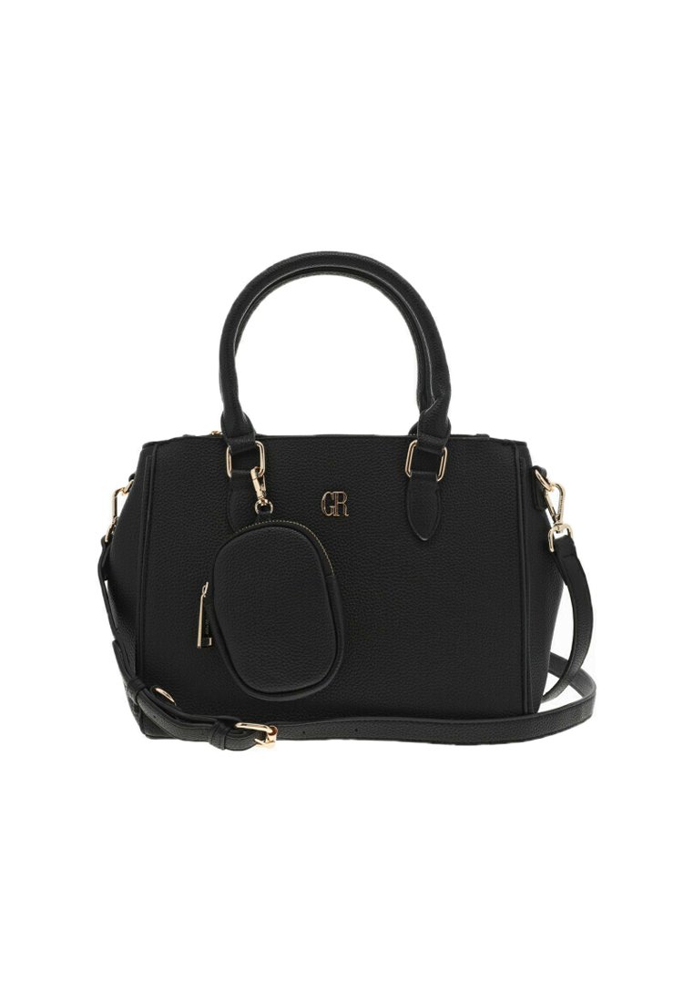 Sac à main noir structuré avec un matériau texturé, accents en métal doré, deux poignées, une bandoulière amovible et une petite pochette attachée.