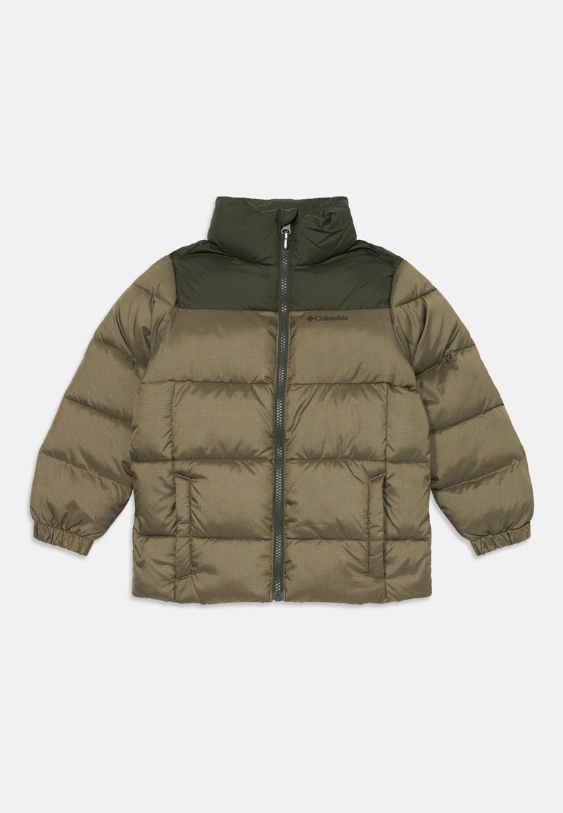 Olive green puffer jacket with a high collar, front zipper, elastic cuffs, and textured padding. Features dark green shoulder accents.