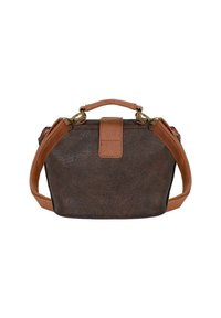 Donkerbruine synthetische handtas met een gestructureerde vorm, tan leren accenten, handvat aan de bovenkant en een verstelbare schouderband. Gouden hardwaredetails.